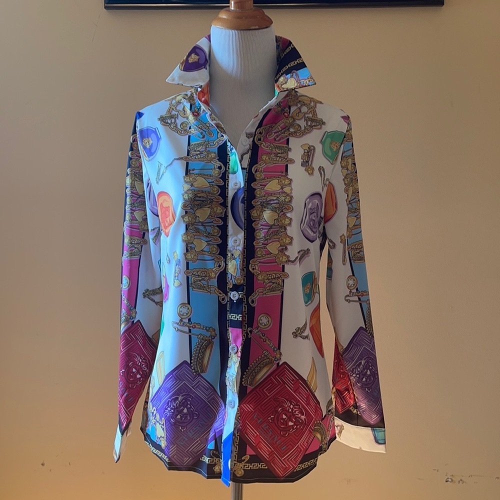 Beautiful colorful button down shirt blouse size S (4) Versace motif